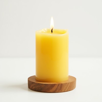 Yellow candle on wooden base