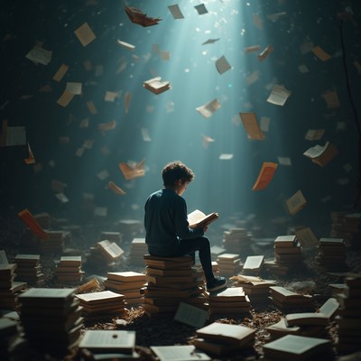 Boy reading books in forest