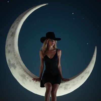 Girl sitting on moon in night sky