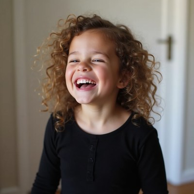 Girl laughs indoors with curly hair
