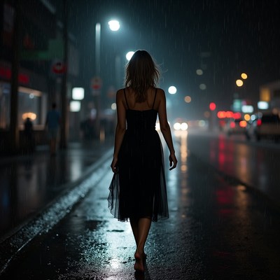 Woman walks in rain at night