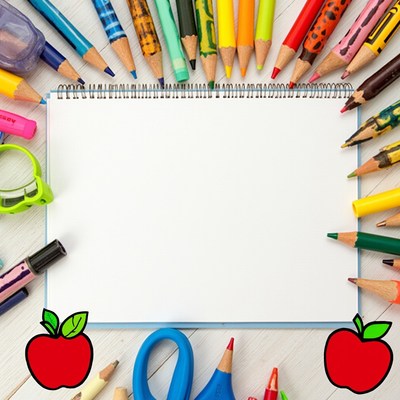 Colorful tools around blank notebook