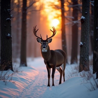 Deer stands in snowy forest during sunset