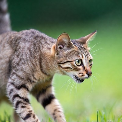 Cat walking through green grass