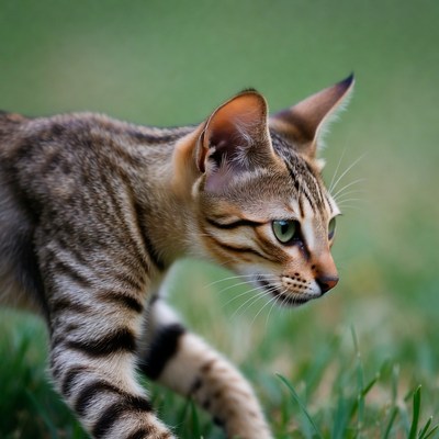 Cat walking in a green field