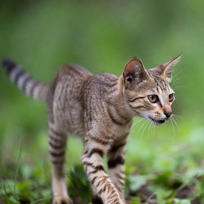 Cat walking through green grass