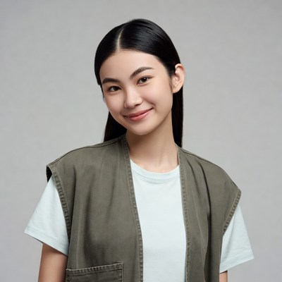 Young woman poses in neutral background