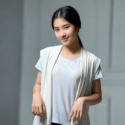 Young woman poses in casual outfit