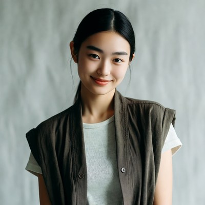 A young woman stands indoors smiling softly