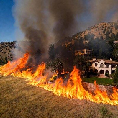 Fire spreads near a large house