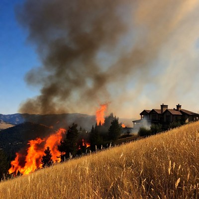 Wildfire approach near a house in the mountains