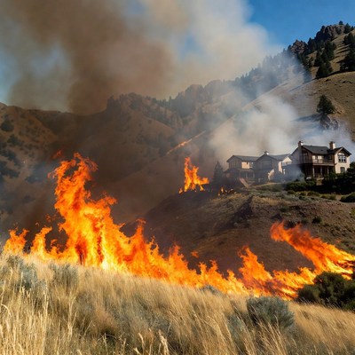 Houses near forest fire on mountain