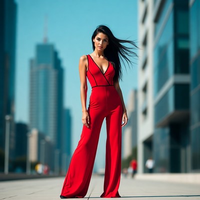Woman in red outfit in city