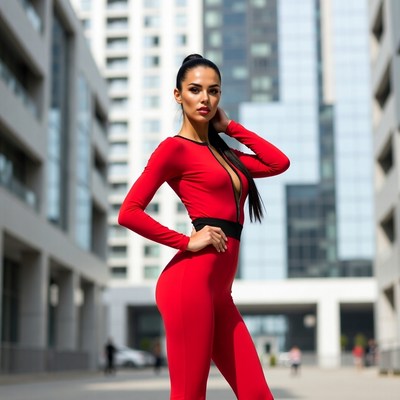 Model poses in urban setting