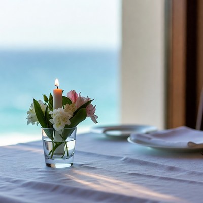 Candle and flowers on table by ocean