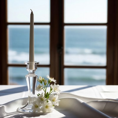 Candle and flowers by ocean view
