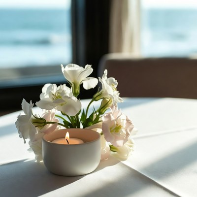 Candle and flowers on a table by the sea