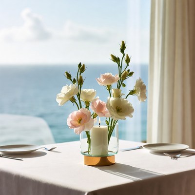 Table setting with flowers by the ocean