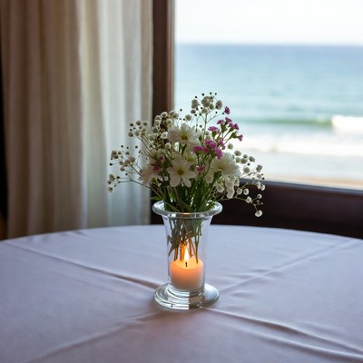 Flower arrangement by ocean view