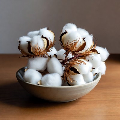 Cotton bolls in a bowl on a wooden table