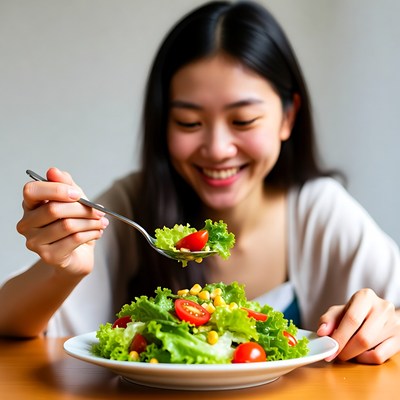 Woman enjoying salad at home