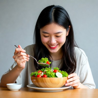 Woman enjoys fresh salad in bowl