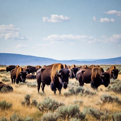Bison graze in open field