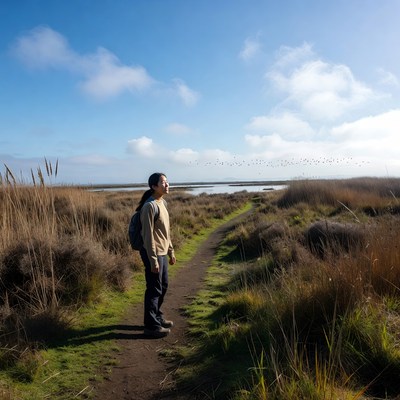 Man standing on trail by marsh