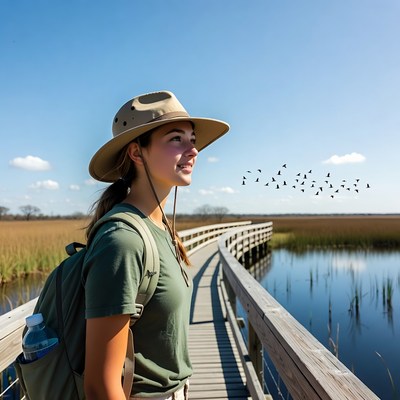 Woman hiking on wooden path near water