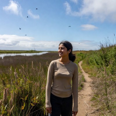 Woman walking by water in nature
