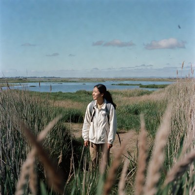 Woman walking through marshland trail