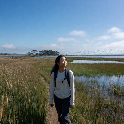 Girl walks along a wetland trail