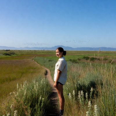 Woman stands on path in marshlands
