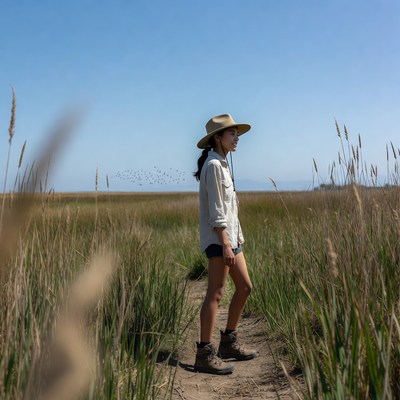 Woman walking in field with birds