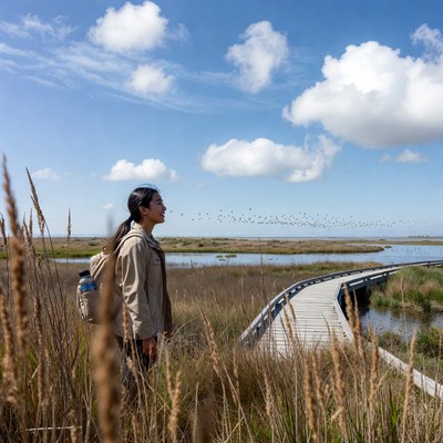 Woman walks on boardwalk by water