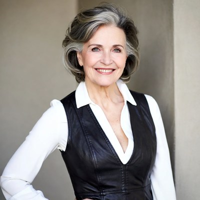 Smiling woman in leather attire outdoors