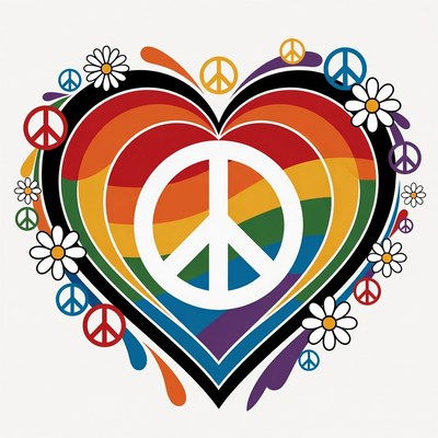 Heart design with peace symbols and flowers