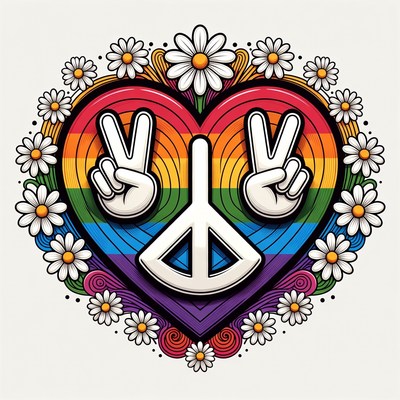 Heart shape with peace symbol and flowers