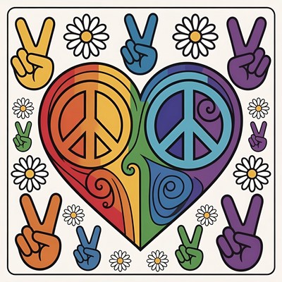 Colorful heart with peace symbols and flowers