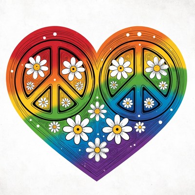 Rainbow heart with peace symbols and flowers