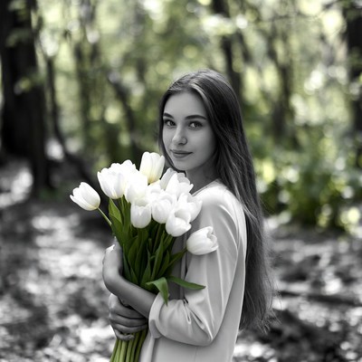 Young woman with flowers in woods