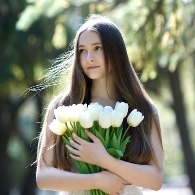 Woman holding white tulips outdoors
