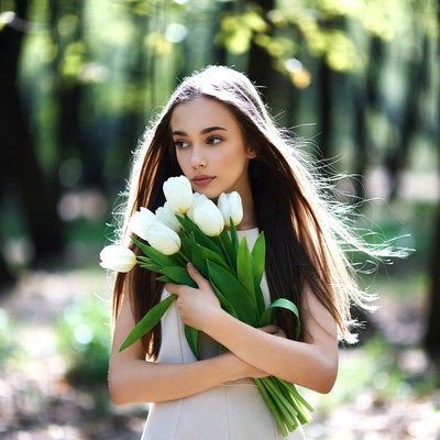 Girl holds flowers in forest