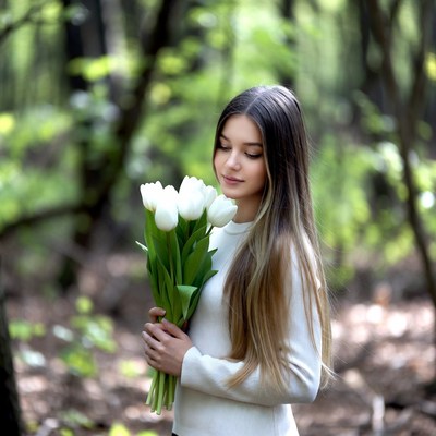 Young woman with white tulips in forest