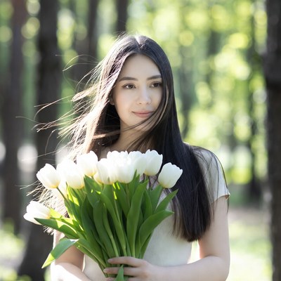 Woman holding flowers in forest