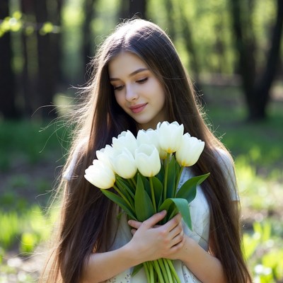 Girl holding white tulips in forest