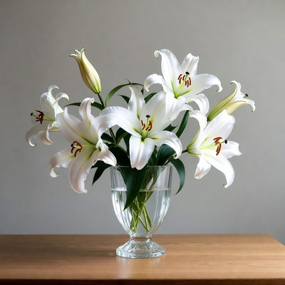 White lilies in a clear vase on a table
