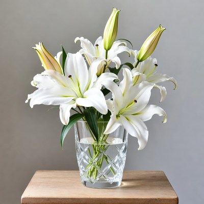 White lilies in glass vase on table