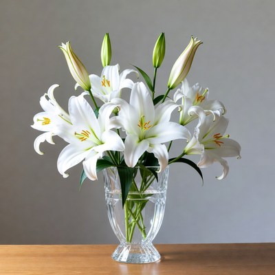 White lilies in clear vase on table