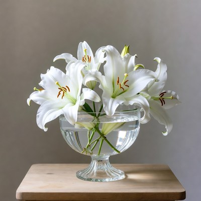 White lilies in clear vase at home